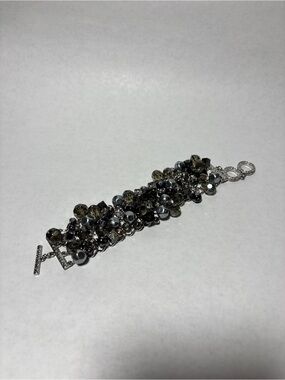 Multi-Strand Smoky Crystal & Gray Pearl Bracelet - Silver Tone